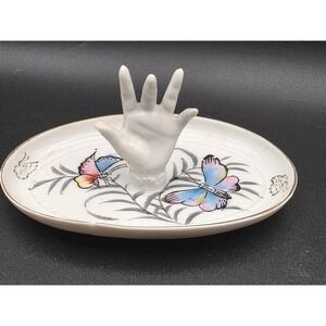 Vintage Porcelain Hand Ring‎ Trinket Dish Butterfly Design Vanity Tray